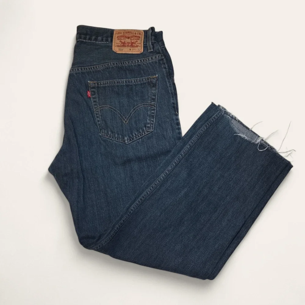 Levis 559 Relaxed‎ Straight Jeans Mens 36x29 Dark Wash Denim Raw Hem Cutoff